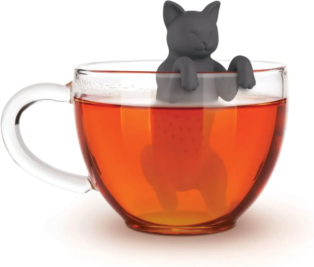 cat shaped tea infuser in a tea mug