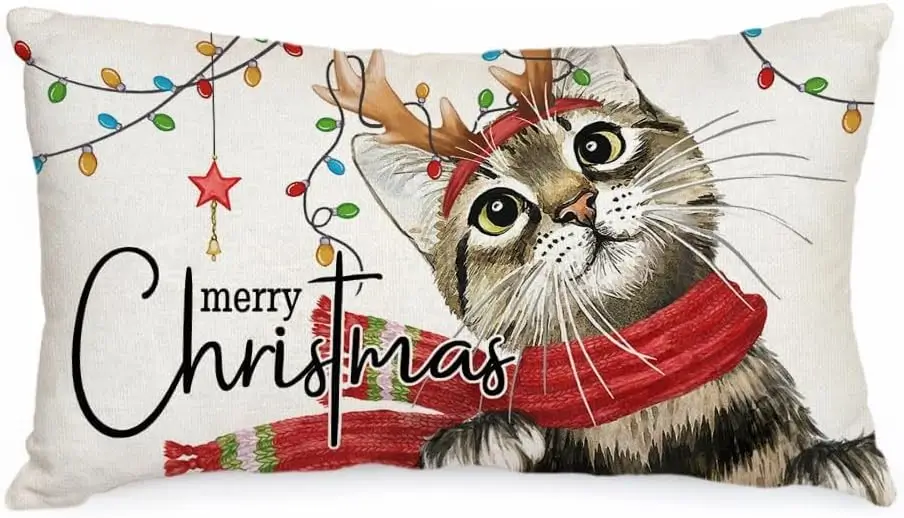 cat printed christmas pillow