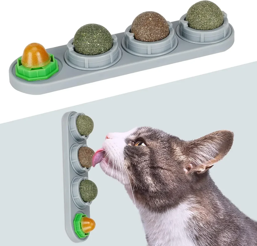 cat licks catnip balls