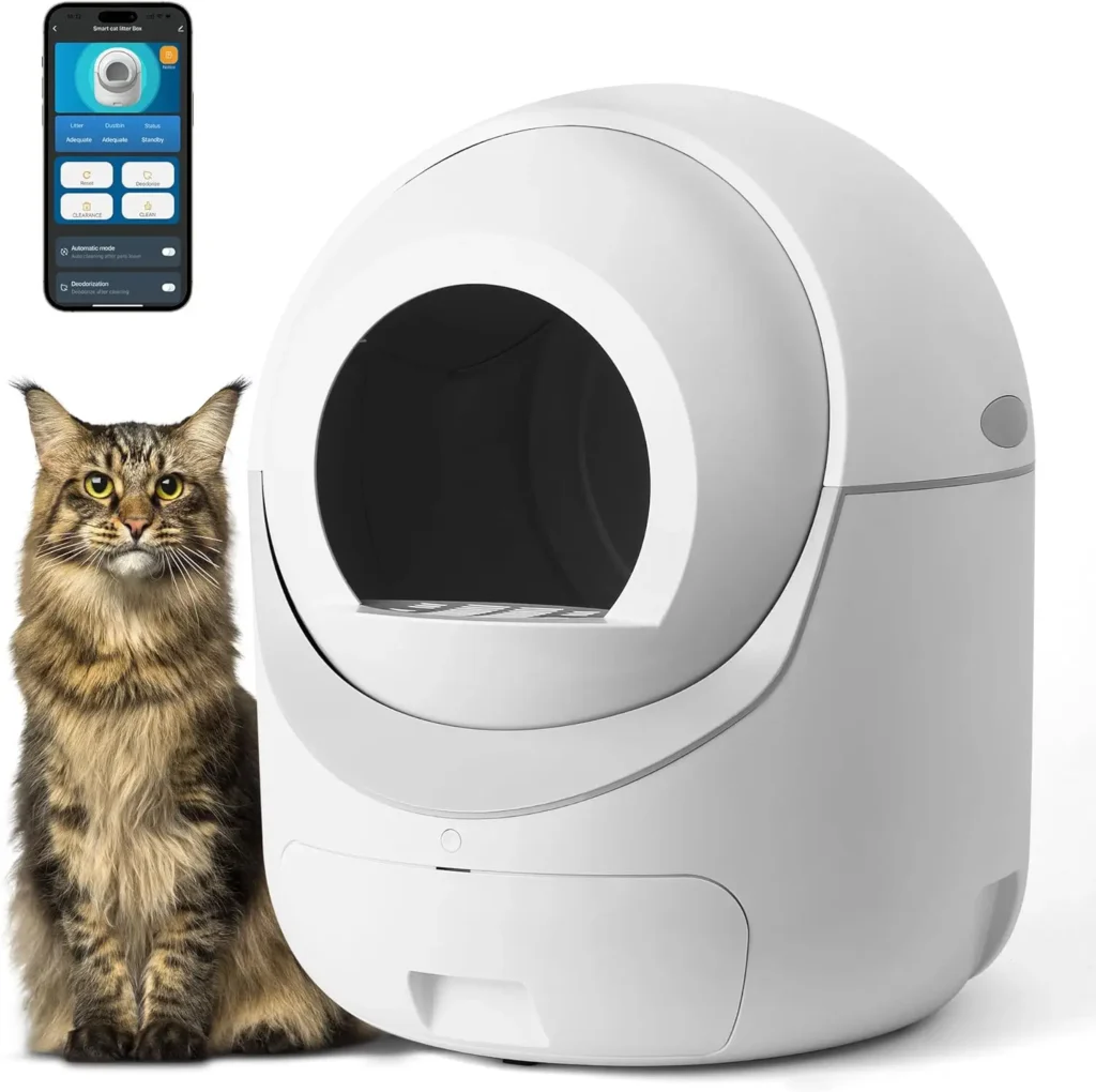 cat stands with a self-cleaning cat litter box